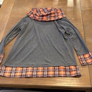 Chic Gray Sweater with Orange Plaid Details